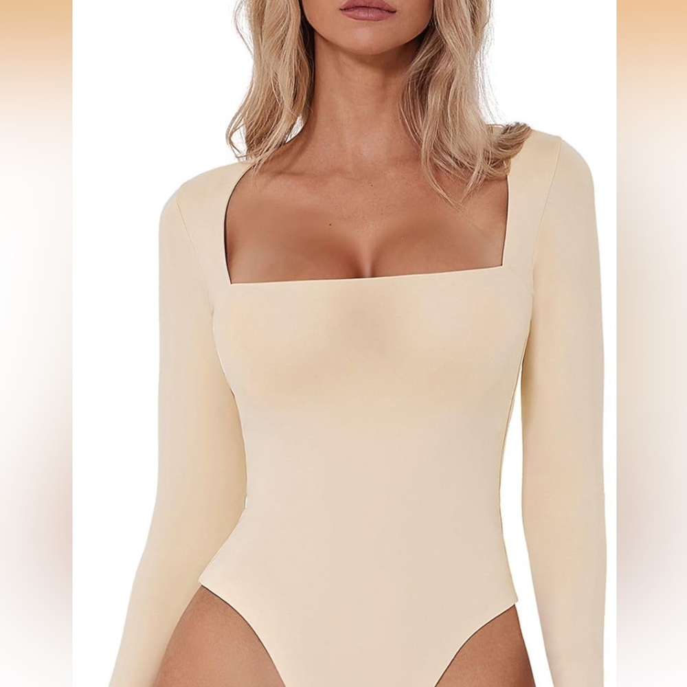 Beige lined long sleeve square neck bodysuit